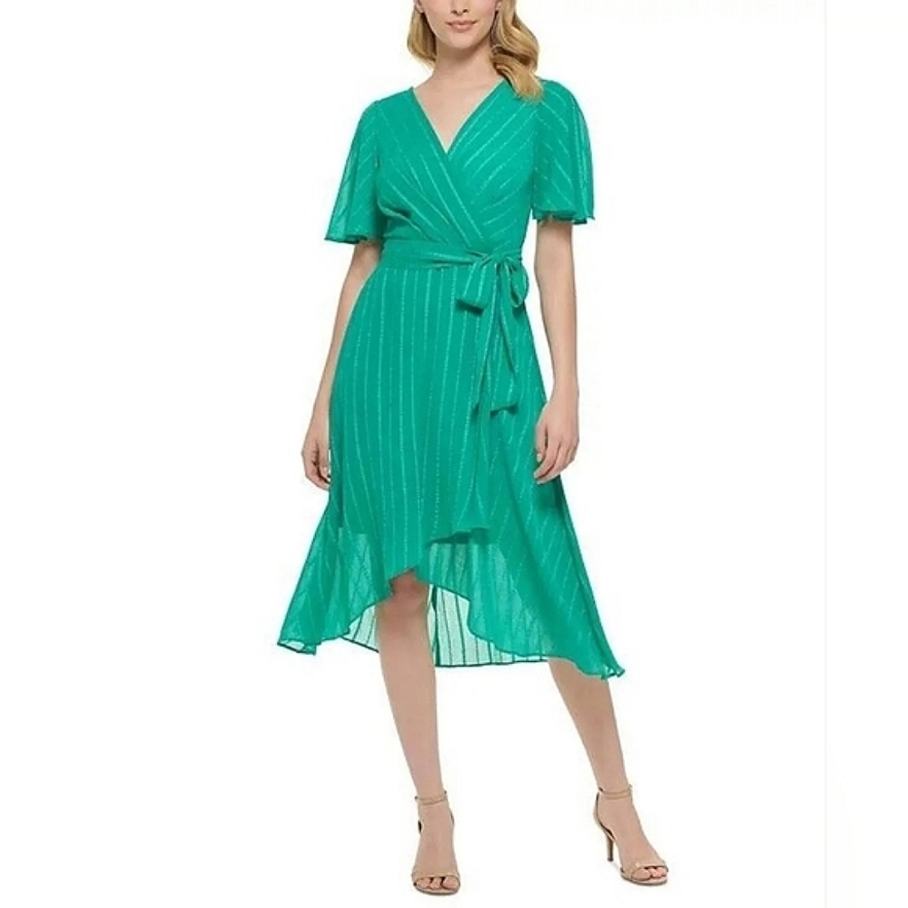 Tommy Hilfiger Ella Gauze Dobby Striped Faux Wrap Dress Parakeet Green - Size 14